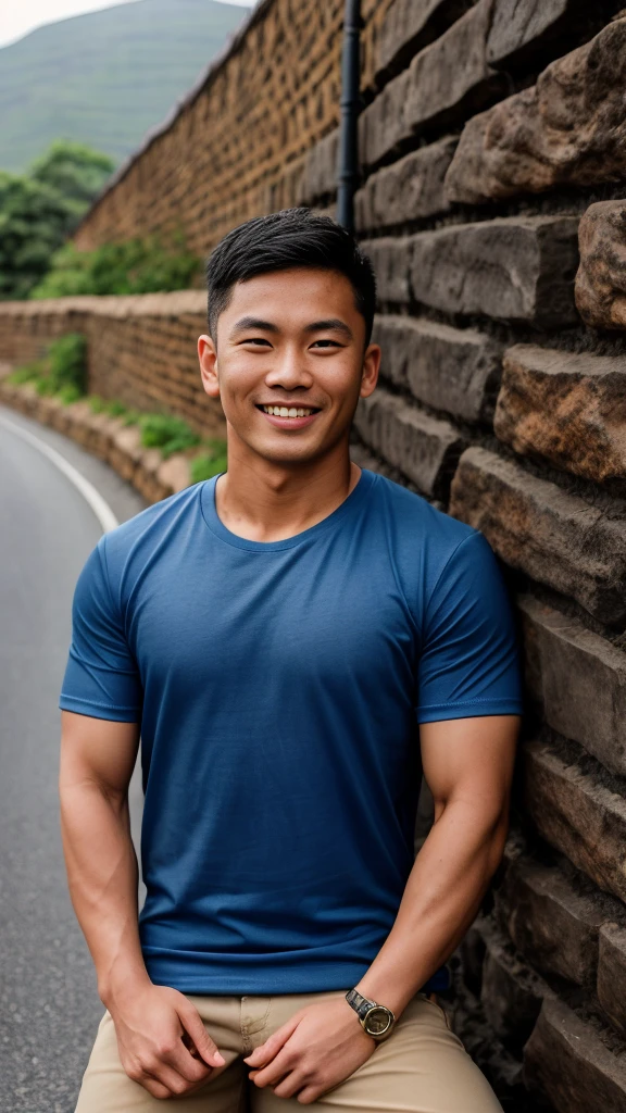 Thai man ,man ,(Blue T-shirt:1.5) ,Jeans ,He is about 30 years old..,Rough and handsome appearance,large breastsj,Big waistline,buzz cut, angry, sullen, best quality, Masterpiece,(Have muscles:4.5),(best quality,high resolution,Masterpiece:1.2),The eyes are natural and delicate..,1 person,alone,gay asian,muscle,Long legs,brave,short hair details,conjunctivitis ,strong,brown eyes, (road background stone wall:1.5),in the market,sit ,smile
