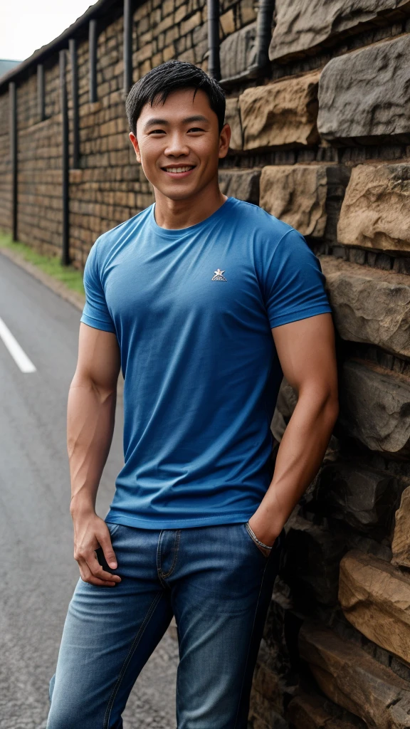 Thai man ,man ,(Blue T-shirt:1.5) ,Jeans ,He is about 30 years old..，Rough and handsome appearance，large breastsj，Big waistline，buzz cut, angry, sullen, best quality, Masterpiece，（Have muscles：4.5），(best quality,high resolution,Masterpiece:1.2),The eyes are natural and delicate..,1 person,alone,gay asian,muscle,Long legs,brave,short hair details,conjunctivitis ,strong,brown eyes, (road background stone wall:1.5)，in the market，sit ,smile