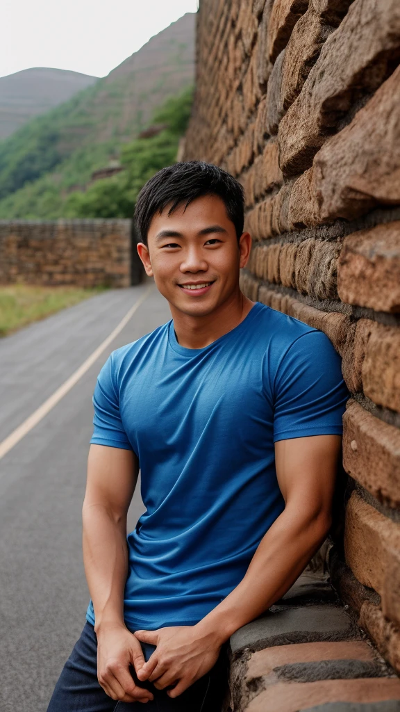 Thai man ,man ,(Blue T-shirt:1.5) ,Jeans ,He is about 30 years old..，Rough and handsome appearance，large breastsj，Big waistline，buzz cut, angry, sullen, best quality, Masterpiece，（Have muscles：4.5），(best quality,high resolution,Masterpiece:1.2),The eyes are natural and delicate..,1 person,alone,gay asian,muscle,Long legs,brave,short hair details,conjunctivitis ,strong,brown eyes, (road background stone wall:1.5)，in the market，sit ,smile