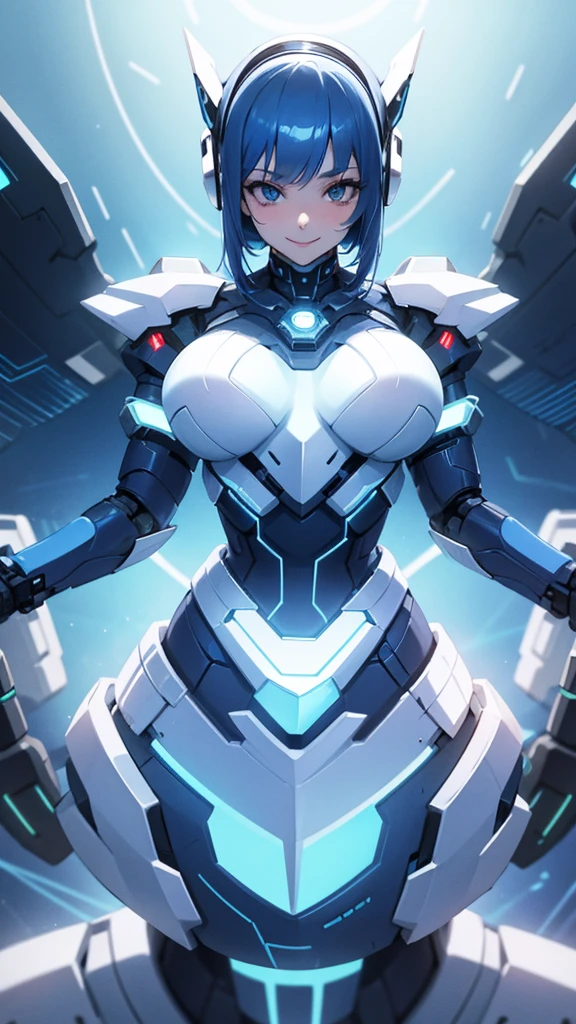 Ai girl,milf,Blue hair,white sexy dress,cyber emission eyes,look like normal women, stand,smile, correct anatomy