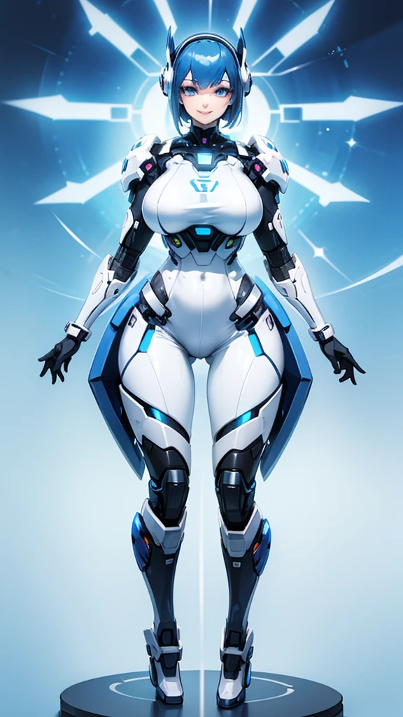 Ai girl,milf,Blue hair,white sexy dress,cyber emission eyes,look like normal women, stand,smile, correct anatomy