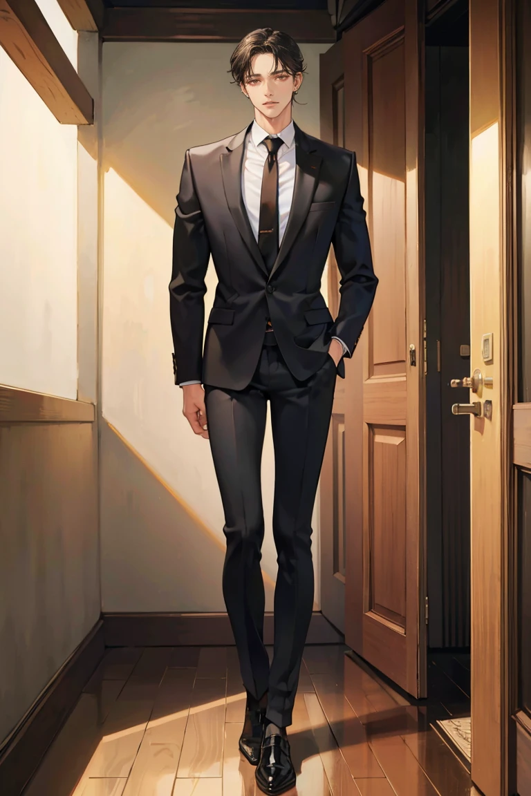 (masterpiece), best quality, seductive eyes, perfect face, handsome man, brown eyes, long slicked back black hair, long nose, tan brown skin, business suit, black necktie, extremely tall man, taller than a door, long legs, long calves, full body, tall man, long legs, anime cover, 1boy, ear piercings, hands in pockets, adult-like look, cafe background
