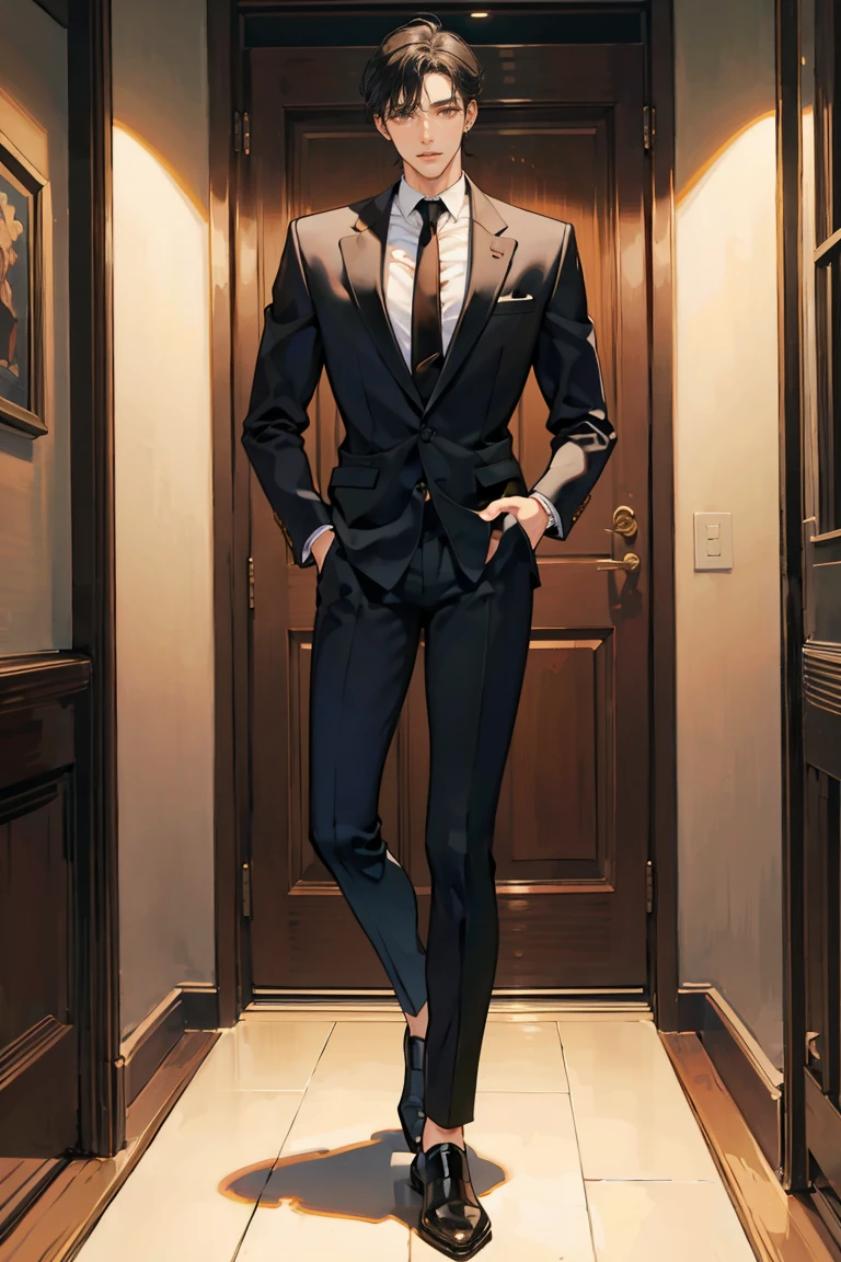 (masterpiece), best quality, seductive eyes, perfect face, handsome man, brown eyes, long slicked back black hair, long nose, tan brown skin, business suit, black necktie, extremely tall man, taller than a door, long legs, long calves, full body, tall man, long legs, anime cover, 1boy, ear piercings, hands in pockets, adult-like look, cafe background