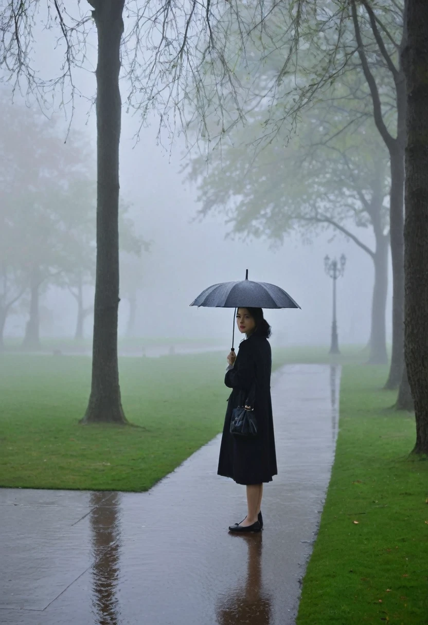 masterpiece, best quality,rain, in the rain, 1 woman,  foggy park,  looking at viewer