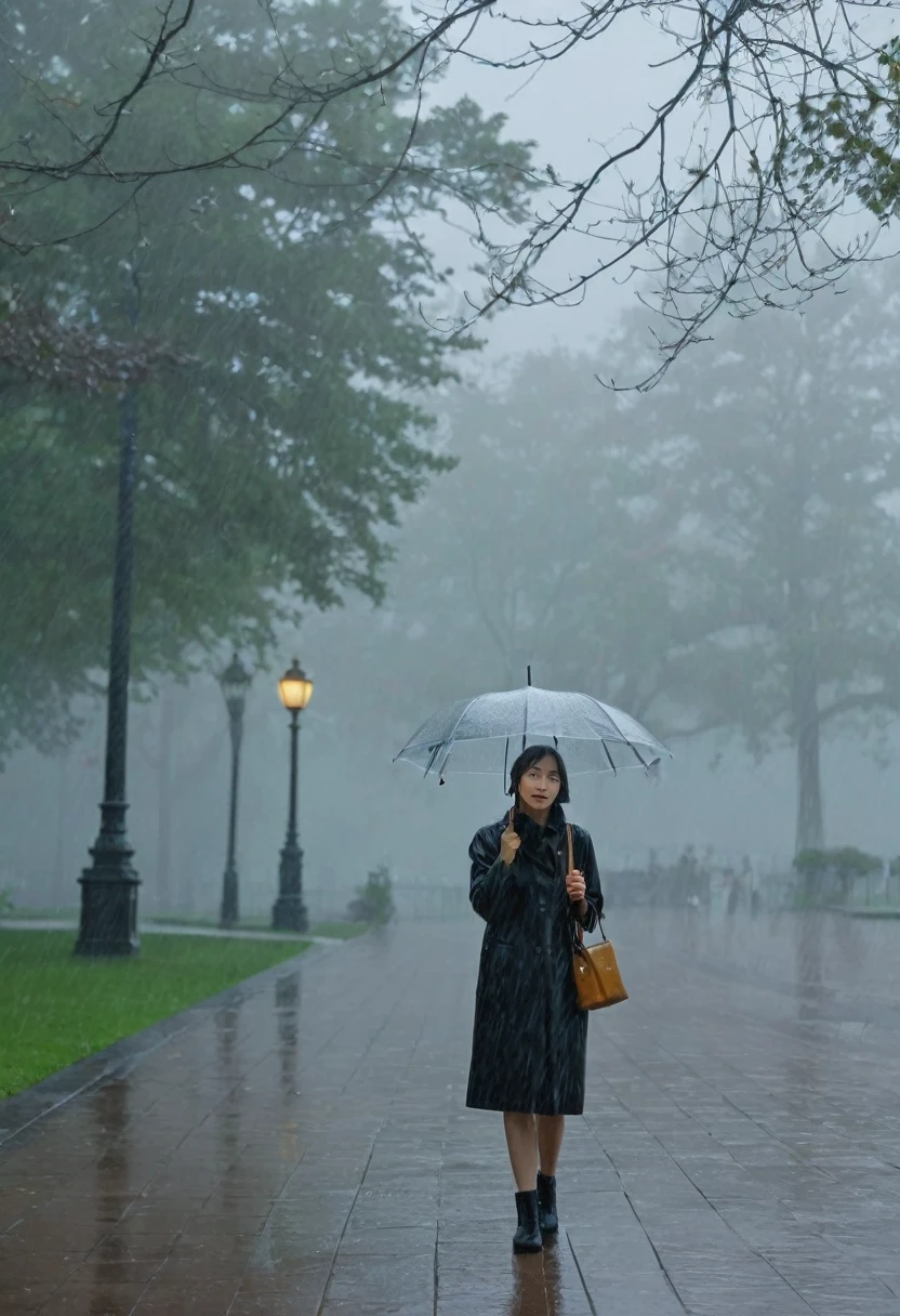 masterpiece, best quality,rain, in the rain, 1 woman,  foggy park,  looking at viewer