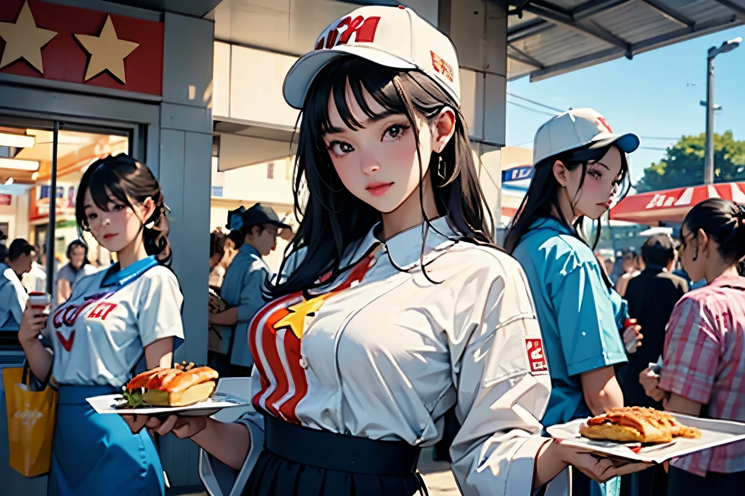 (Perfect Face,Arafe illustration of three women in different clothes)、(Girls standing in line)、(Young woman wearing a fast food restaurant uniform、Wearing a paper hat、hamburger_french fries_Holding a tray with drinks:1.4)、Colorful uniforms、Chic uniform、Flashy uniforms、Bust Up Illustration、Beachside Shops、Blur the background、(Front view:1.4)、(Highest quality)、(masterpiece)、(detailed)、