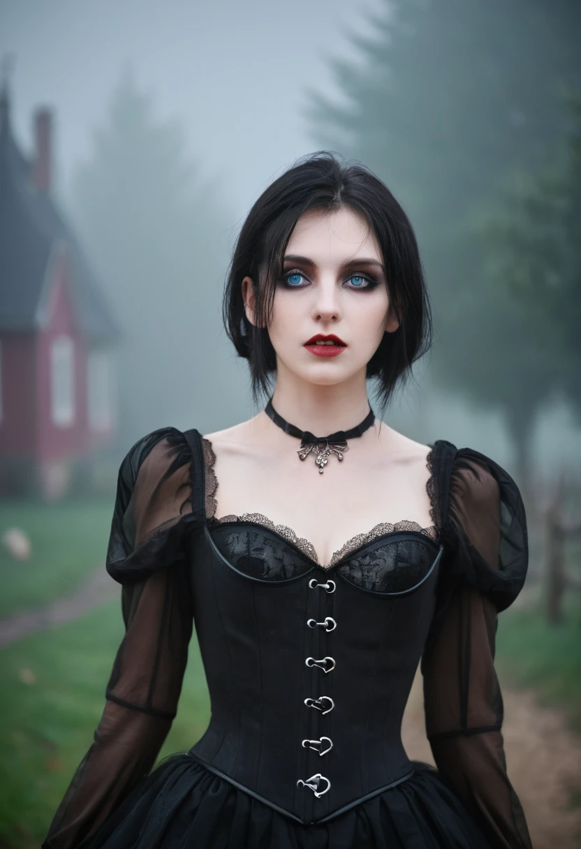 Victorian Vampire cherrynobodysd15 Award-winning RAW color photo+ Wearing a black dress with leather corset, Dark and foggy village, Night ominous dark omen, mist, moonlight, Vivid and charming eyes, Pale skin, (Black Hair)+, Shallow depth of field, High contrast, Backlight, bloom, Chromatic Aberration, Smooth, Clear focus, Shoot with a mirrorless camera