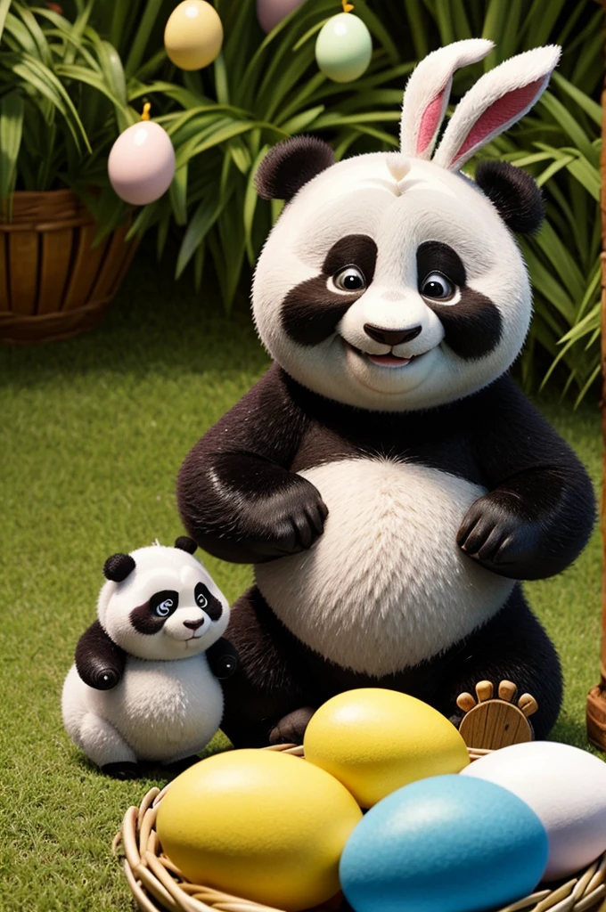 Cute kung fu panda baby in easter with chicks bunny and Easter eggs 