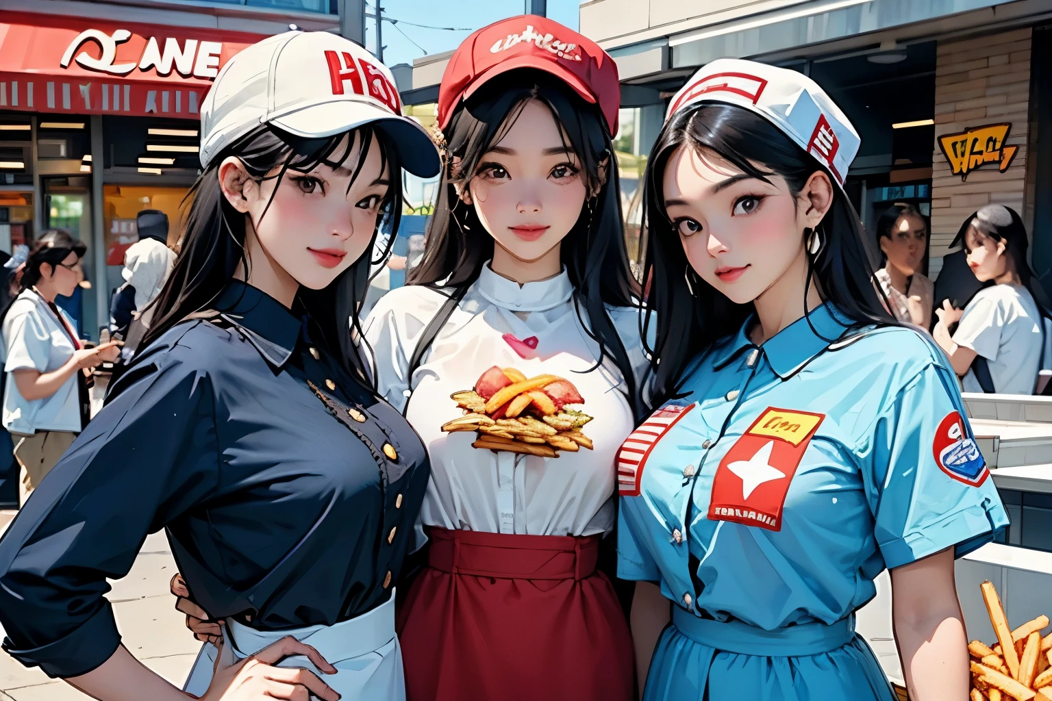 (Perfect Face,Arafe illustration of three women in different clothes)、(Girls standing in line)、(Young woman wearing a fast food restaurant uniform、Wearing a paper hat、hamburger_french fries_Holding a tray with drinks:1.4)、Colorful uniforms、Chic uniform、Flashy uniforms、Bust Up Illustration、Beachside Shops、Blur the background、(Front view:1.4)、(Highest quality)、(masterpiece)、(detailed)、