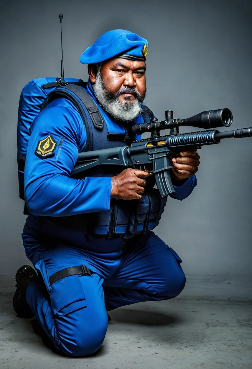 (a dark-skinned bearded fat old man in a bulky blue zipper diver suit) doing push up, carrying a sniper rifle and (wearing army beret), muscular, Basuki Abdullah, sumatraism, action, a character portrait, heroic, fierce, angry