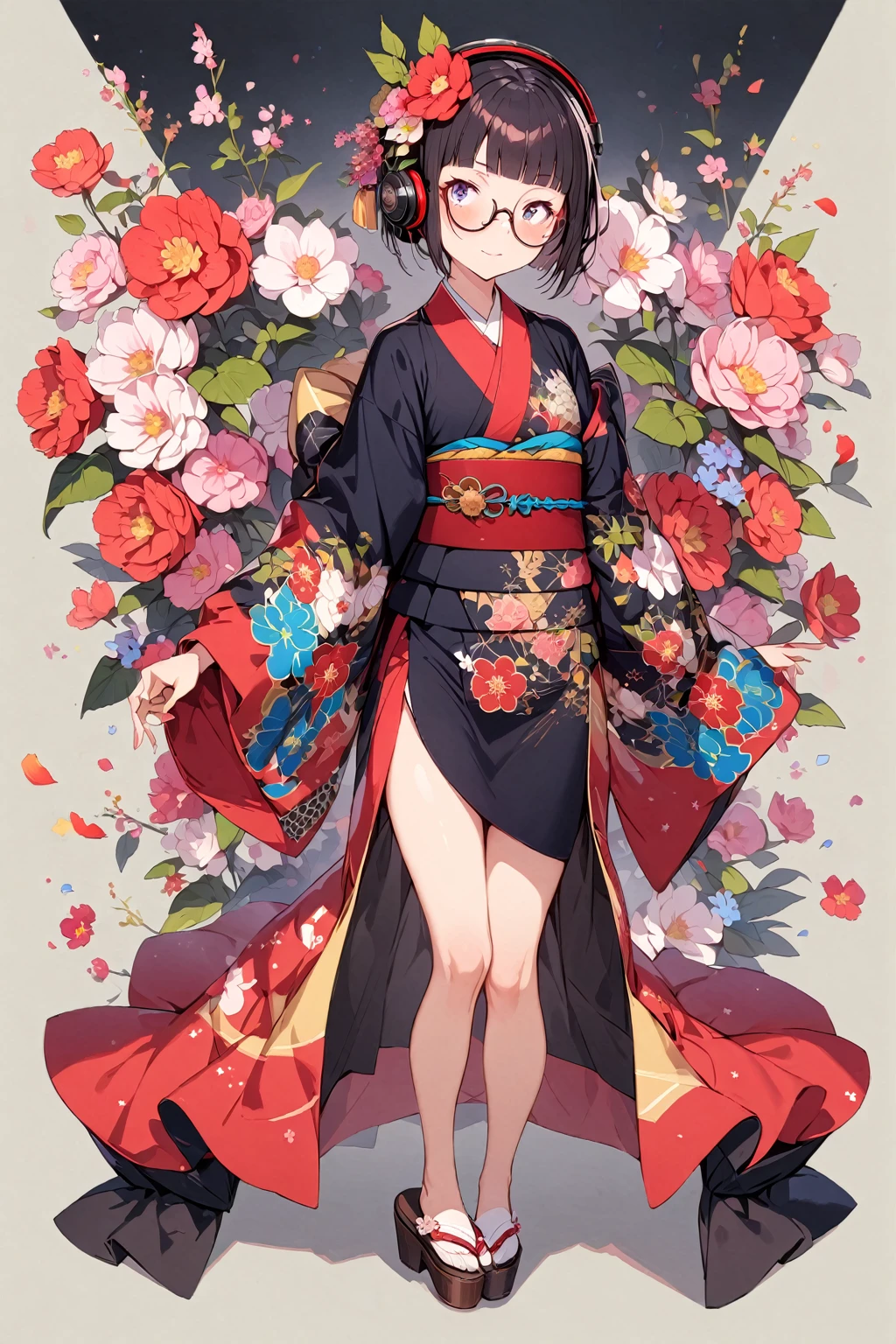 (extremely detailed fine touch:1.3), (((semi-rimless round eyewear:1.3))), (headphone:1.2), short hair, blunt bangs, 1 girl, full body, kimono
