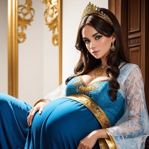 Beautiful pregnant queen, brown hair, blue eyes, ornate white and blue dress with gold details, 