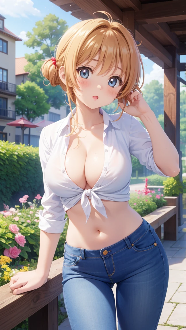 masterpiece, best quality, highres, 1girl, detailed face, blush, anime CG style, large breasts, (18 year old girl:1.3), (aged up), good lighting, perfect body, sakura kinomoto, glossy lips, city, garden, jeans, tied shirt, cleavage, midriff, (lace bra:0.8)