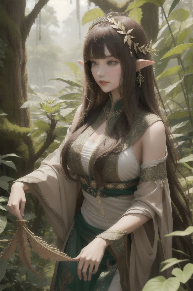 1. A perfect, beautiful 26-year-old woman,Elegant and attractive,Brown long hair,Blunt bangs,(Natural big:1.3),Fantasy-inspired earth-toned elven forager outfit, Embellished with forest embroidery and leaf fringe detailing