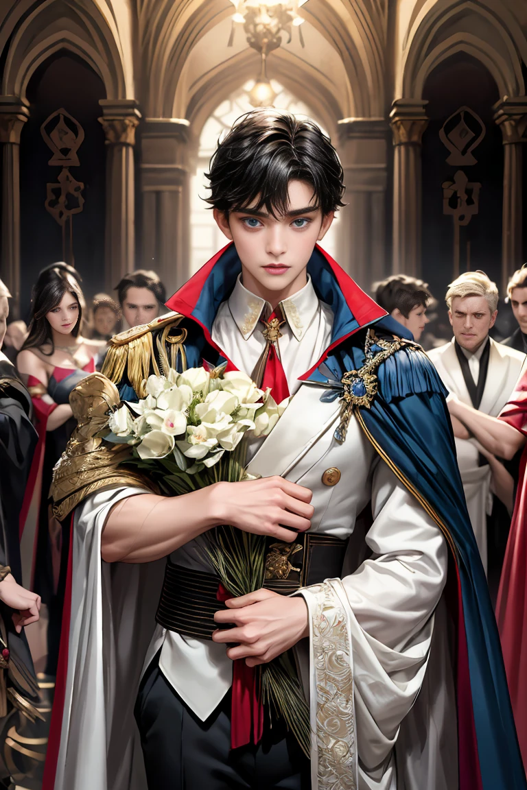 
masterpiece, 最high quality, high quality, 1 boy, alone, Male focus, Watching the audience,  Messy black hair, Adorable big blue eyes, White people, Noble, Noble,Sexy voluminous cape、vampire、A very voluminous, large, very large, very large, long, long red and black cape with a high stand-up collar, made of a lot of fabric that reaches down to the floor., 17 years old,Cute beautiful boys,Cute, cute, kind, handsome guy