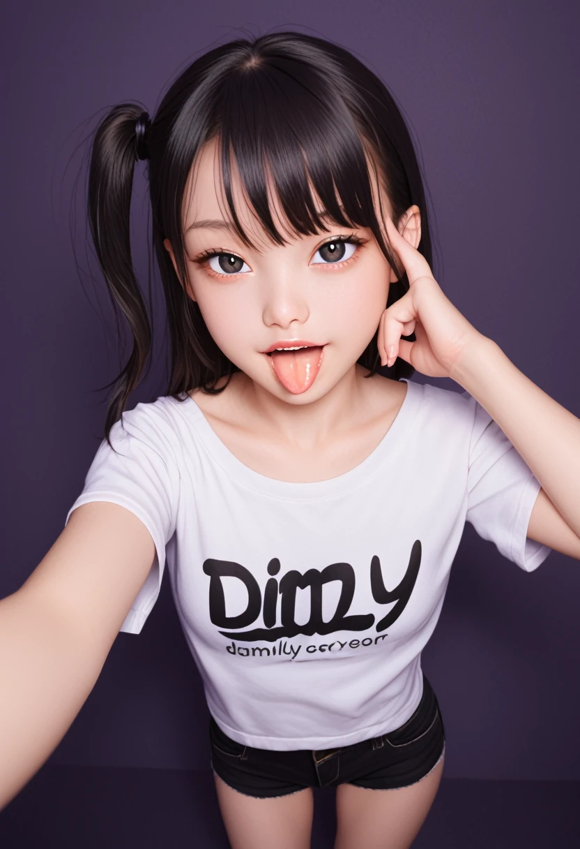 pastel colors colors t-shirt,off-shoulder look,bare shoulder,ollarbone,micro shorts,(open mouth:1.5),(tongue out:2),standing,finger to own face,overhead shot,from above,front view,cowboy shot,(1girl,Beautiful 14 year old girl),((Slender,Small breasts,Small face,)),(looking at viewer),Black Hair,bangs,one side up,Beautiful and detailed,(Dimly lit room:1.5),Mischievous smile,Black simple background