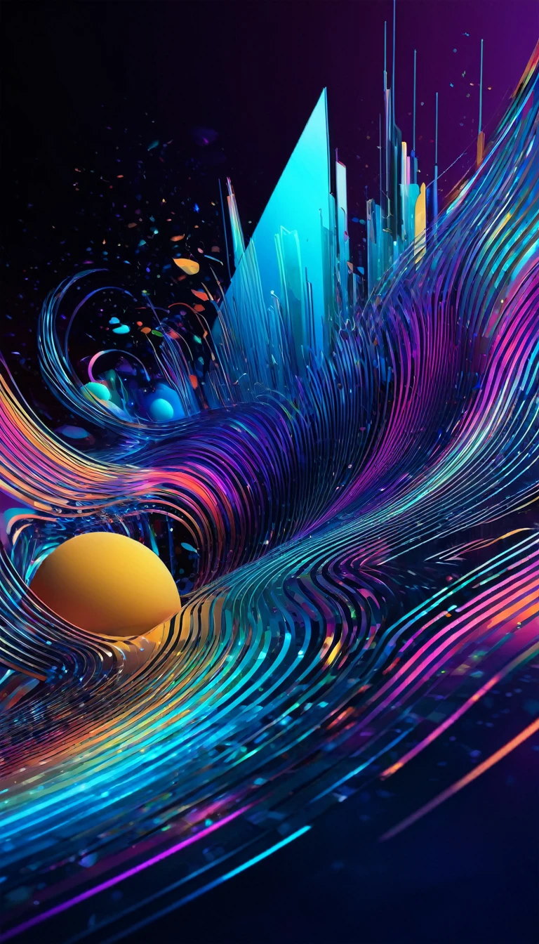 abstract background in a futuristic style featuring fluid, colorful elements and holographic 3D shapes. The design should include dynamic, floating 3D forms that evoke a sense of depth and motion. Intricate artistic outlines should accentuate the holo shapes, adding complexity and sophistication. The overall effect should be a visually captivating and modern artwork that embodies creativity and innovation