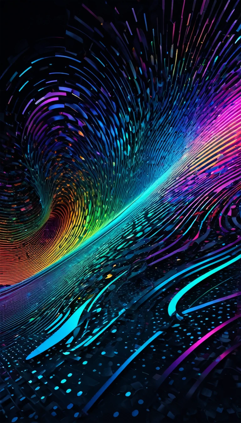 abstract background in a futuristic style featuring fluid, colorful elements and holographic 3D shapes. The design should include dynamic, floating 3D forms that evoke a sense of depth and motion. Intricate artistic outlines should accentuate the holo shapes, adding complexity and sophistication. The overall effect should be a visually captivating and modern artwork that embodies creativity and innovation