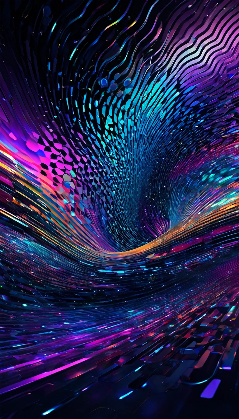 abstract background in a futuristic style featuring fluid, colorful elements and holographic 3D shapes. The design should include dynamic, floating 3D forms that evoke a sense of depth and motion. Intricate artistic outlines should accentuate the holo shapes, adding complexity and sophistication. The overall effect should be a visually captivating and modern artwork that embodies creativity and innovation