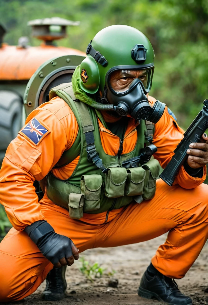 (a dark-skinned bearded chubby  old man in orange zipper pilot suit), wearing rescue gear, wearing green army pilot helmet and gas mask, crouching, shooting with a gun, imposing physique, muscular, toned muscles, Basuki Abdullah, sumatraism, action, a character portrait, heroic, fierce, angry, intense