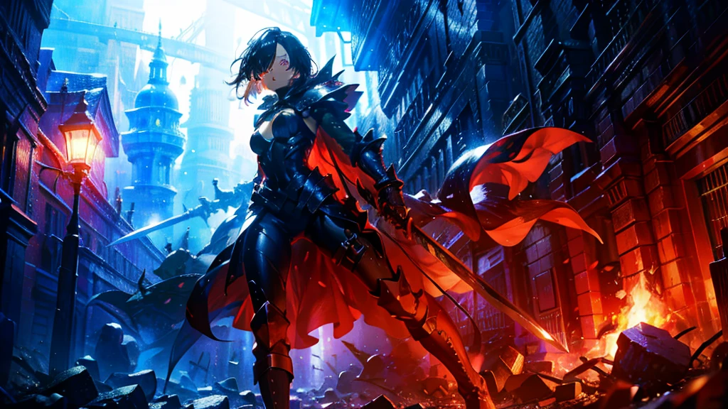 masterpiece, best quality, high quality, detailed, ultra detailed, hyper detailed, insanely detailed, exquisite, beautiful, FHD, Full-HD, 4K, 8K, 16K, highres, absurdres,Overall reddish black, ((One sexy lady)),mystic knight, serious look, sword fighting, covering one eye, black hair, red eyes, armor, long boots, with a sword, fantasy,hailoknight, holding sword, holding weapon,cowboy shot