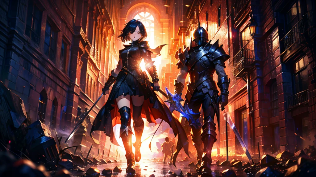masterpiece, best quality, high quality, detailed, ultra detailed, hyper detailed, insanely detailed, exquisite, beautiful, FHD, Full-HD, 4K, 8K, 16K, highres, absurdres,Overall reddish black, ((One sexy lady)),mystic knight, serious look, sword fighting, covering one eye, black hair, red eyes, armor, long boots, with a sword, fantasy,hailoknight, holding sword, holding weapon,cowboy shot