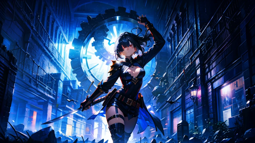 masterpiece, best quality, high quality, detailed, ultra detailed, hyper detailed, insanely detailed, exquisite, beautiful, FHD, Full-HD, 4K, 8K, 16K, highres, absurdres,Overall reddish black, ((One sexy lady)),mystic knight, serious look, sword fighting, covering one eye, black hair, red eyes, armor, long boots, with a sword, fantasy,hailoknight, holding sword, holding weapon,cowboy shot