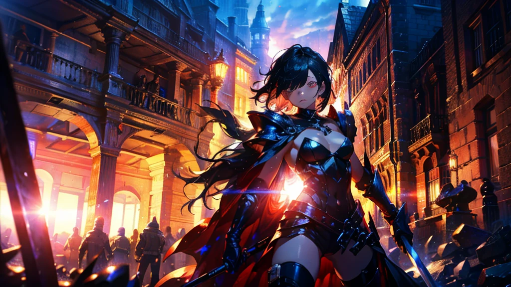 masterpiece, best quality, high quality, detailed, ultra detailed, hyper detailed, insanely detailed, exquisite, beautiful, FHD, Full-HD, 4K, 8K, 16K, highres, absurdres,Overall reddish black, ((One sexy lady)),mystic knight, serious look, sword fighting, covering one eye, black hair, red eyes, armor, long boots, with a sword, fantasy,hailoknight, holding sword, holding weapon,cowboy shot