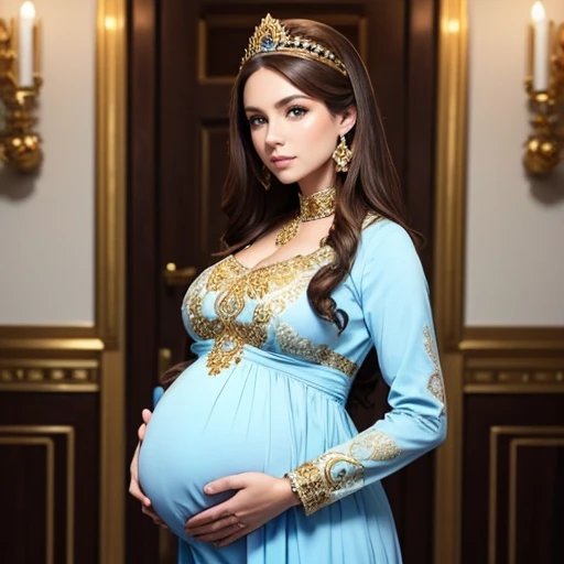 Beautiful pregnant queen, brown hair, blue eyes, ornate white and blue dress with gold details,