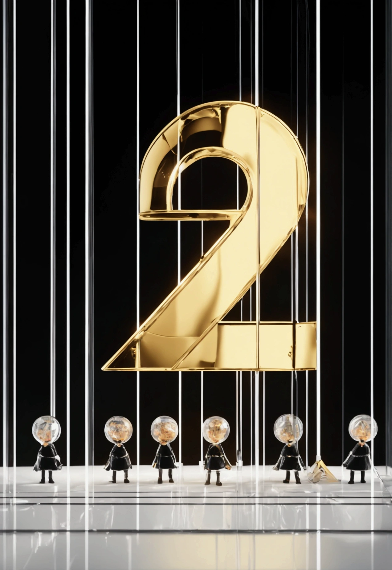 Large, three-dimensional number '42' being polished by five small worker dolls, Medium: digital illustration, Setting: black background with a reflective surface beneath, Lighting: central glow emanating from the number, casting soft reflections, Colors: pastel gradient on the number, dolls in black overalls and silver hard hats, Mood: creative and meticulous, Composition: prominent '42' in the center with dolls spaced around it in dynamic poses, reflections enhancing the scene, Style: smooth, matte texture with a clean and polished digital art aesthetic, Technical Specifications: 8k resolution, highly detailed, crisp and vibrant visual