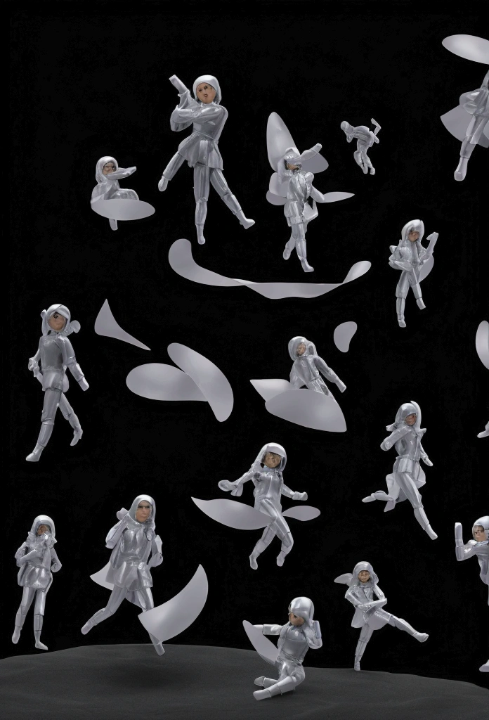 Large, three-dimensional number '42' being polished by five small worker dolls, Medium: digital illustration, Setting: black background with a reflective surface beneath, Lighting: central glow emanating from the number, casting soft reflections, Colors: pastel gradient on the number, dolls in black overalls and silver hard hats, Mood: creative and meticulous, Composition: prominent '42' in the center with dolls spaced around it in dynamic poses, reflections enhancing the scene, Style: smooth, matte texture with a clean and polished digital art aesthetic, Technical Specifications: 8k resolution, highly detailed, crisp and vibrant visual