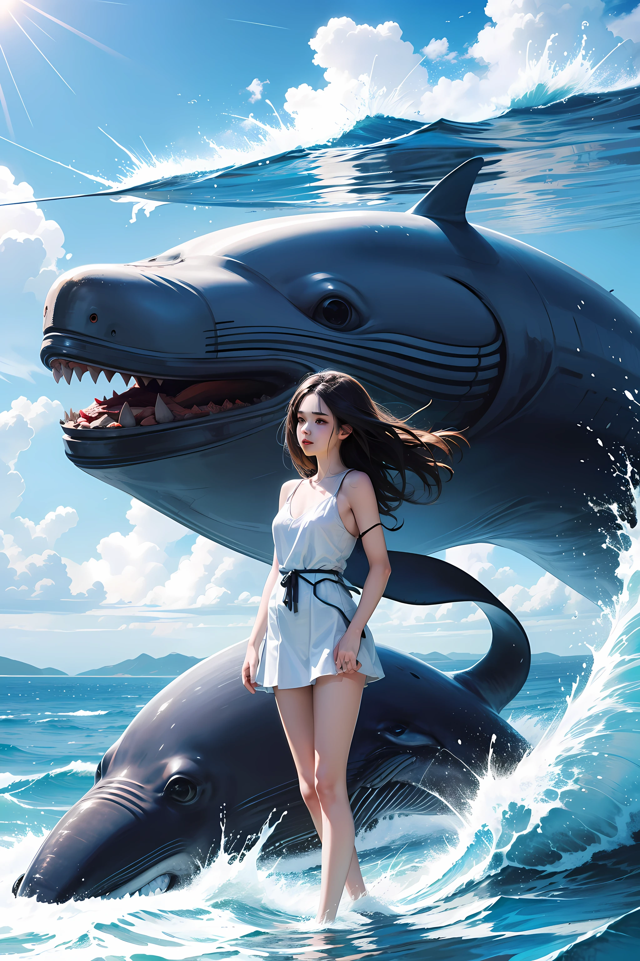1 girl whale ,There's sky.,cartoon