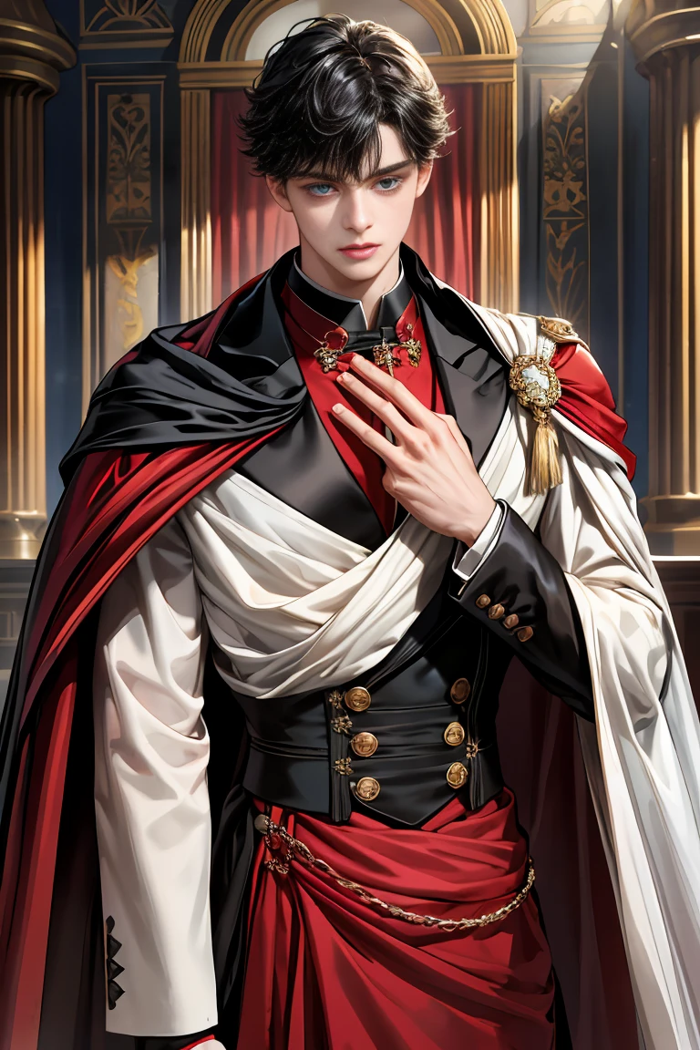 
masterpiece, 最high quality, high quality, 1 boy, alone, Male focus, Watching the audience,  Messy black hair, Adorable big blue eyes, White people, Noble, Noble,Sexy voluminous black and red cape、Tuxedo、A very voluminous, large, very large, very large, long, long red and black cape with a high stand-up collar, reaching down to the floor, made of a lot of fabric., ,Cute beautiful boys,Cute, cute, kind, handsome guy