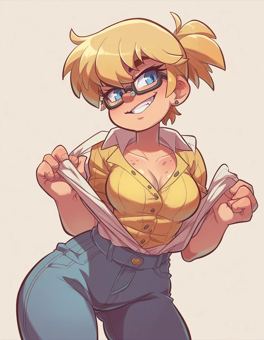 Ralph Bakshi Style, curvy big_nose long_haired_dirty-blonde with small_breasts and blue eyes with glasses