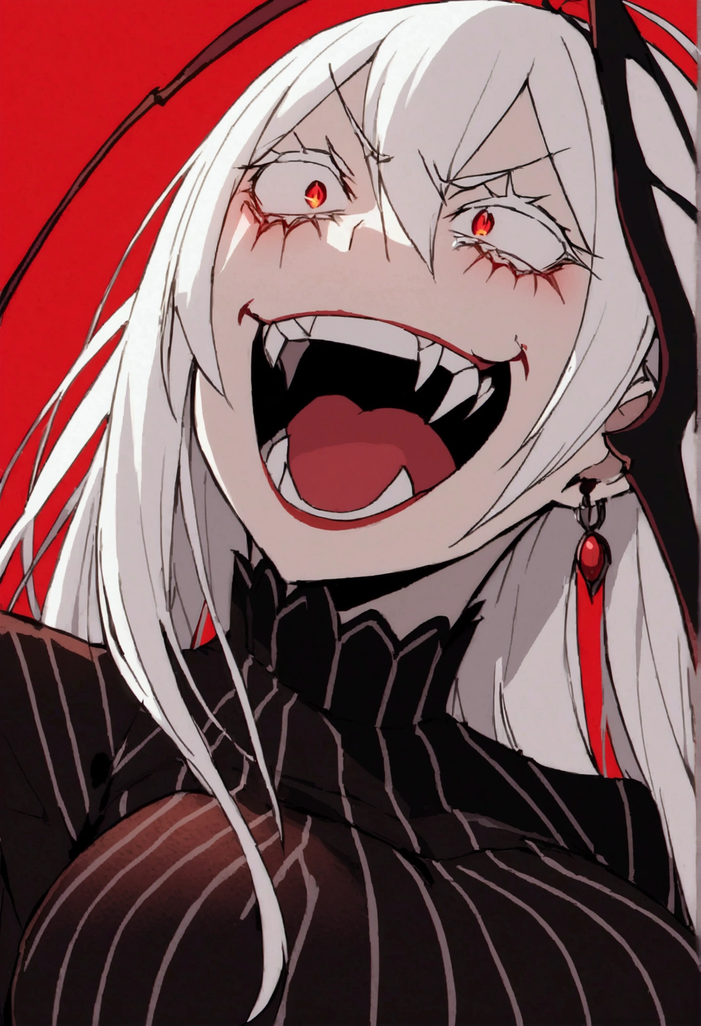 Evil woman, psycho laugh, loca, White hair, thick white eyelashes, fangs, demonic, echidna re:zero, crazy laugh, pure evil, black clothes, red tones, big breasts