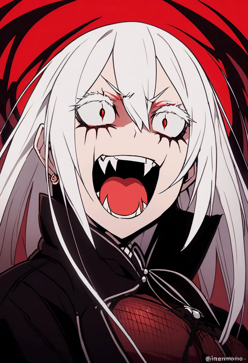 Evil woman, psycho laugh, loca, White hair, thick white eyelashes, fangs, demonic, echidna re:zero, crazy laugh, pure evil, black clothes, red tones, big breasts