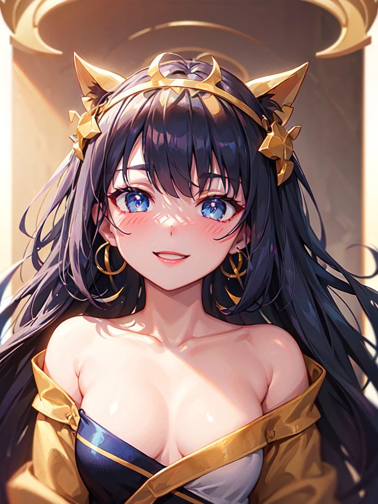 blue eyes, black hair, curly hair, bangs, long hair, wavy hair, shiny hair, jewelry, wide eyes, longeyelashes, earrings, makeup, smile, blush, ear blush, bright pupils, seductive smile, glint, red lips, high detail, anime, anime style, depth of field, cinematic lighting, ray tracing, reflection light, cropped, wide shot, masterpiece, accurate, anatomically correct, super detail, high details, high quality, best quality, highres, 4K