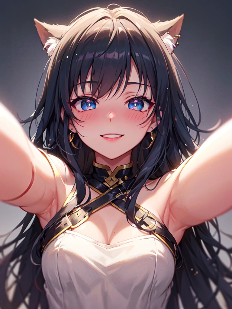 blue eyes, black hair, curly hair, bangs, long hair, wavy hair, shiny hair, jewelry, wide eyes, longeyelashes, earrings, makeup, smile, blush, ear blush, bright pupils, seductive smile, glint, red lips, high detail, anime, anime style, depth of field, cinematic lighting, ray tracing, reflection light, cropped, wide shot, masterpiece, accurate, anatomically correct, super detail, high details, high quality, best quality, highres, 4K