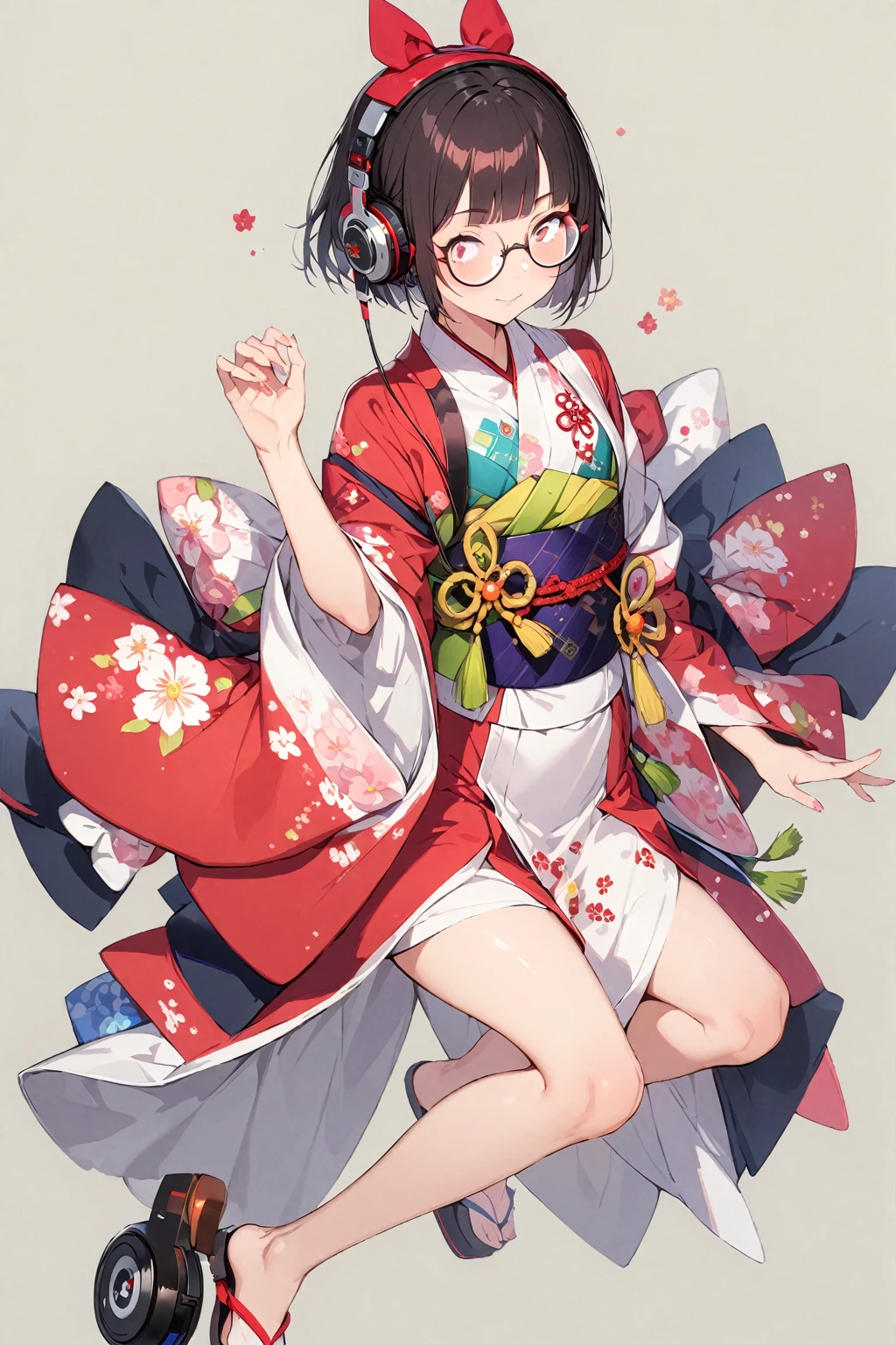 (extremely detailed fine touch:1.3), (((semi-rimless round eyewear:1.3))), (headphone:1.2), short hair, blunt bangs, 1 girl, full body, kimono
