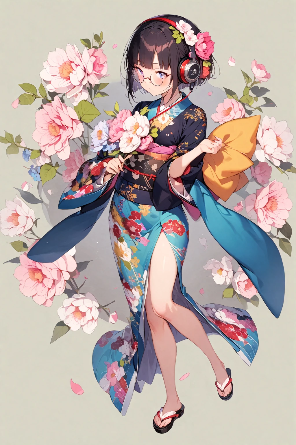 (extremely detailed fine touch:1.3), (((semi-rimless round eyewear:1.3))), (headphone:1.2), short hair, blunt bangs, 1 girl, full body, kimono