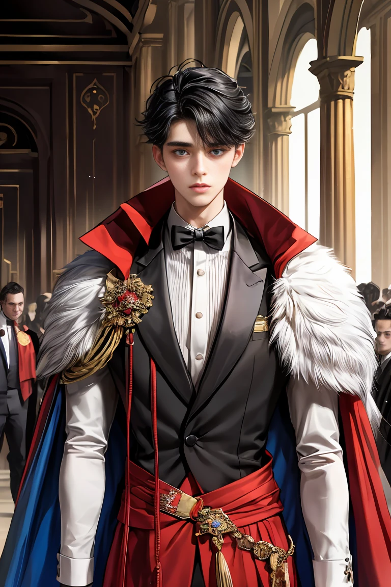 masterpiece, 最high quality, high quality, 1 boy, alone, Male focus, Watching the audience, Messy black hair, Adorable big blue eyes, White people, Noble, Noble,Sexy voluminous black and red cape、Tuxedo、A very voluminous, large, very large, very large, long, long red and black cape with a high stand-up collar, reaching down to the floor, made of a lot of fabric., 17 years old,Cute beautiful boys,Cute, cute, kind, handsome guy
