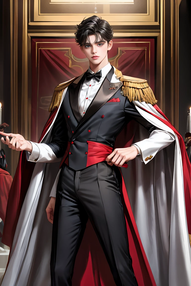 
masterpiece, 最high quality, high quality, 1 boy, alone, Male focus, Watching the audience,  Messy black hair, Adorable big blue eyes, White people, Noble, Noble,Sexy voluminous black and red cape、Tuxedo、A very voluminous, large, very large, very large, long, long red and black cape with a high stand-up collar, reaching down to the floor, made of a lot of fabric., 17 years old,Cute beautiful boys,Cute, cute, kind, handsome guy