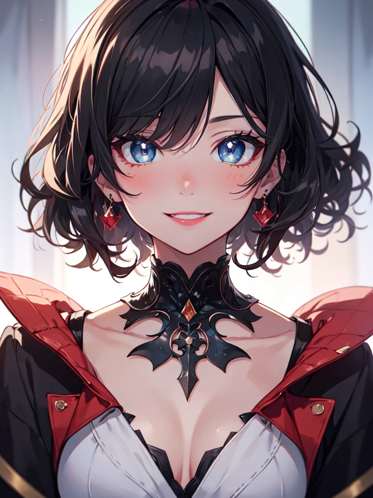 blue eyes, black hair, curly hair, bangs, long hair, wavy hair, shiny hair, jewelry, wide eyes, long-eye-lashes, earrings, makeup, smile, blush, ear blush, bright pupils, seductive smile, glint, red lips, high detail, anime, anime style, depth of field, cinematic lighting, ray tracing, reflection light, cropped, wide shot, masterpiece, accurate, anatomically correct, super detail, high details, high quality, best quality, highres, 4K