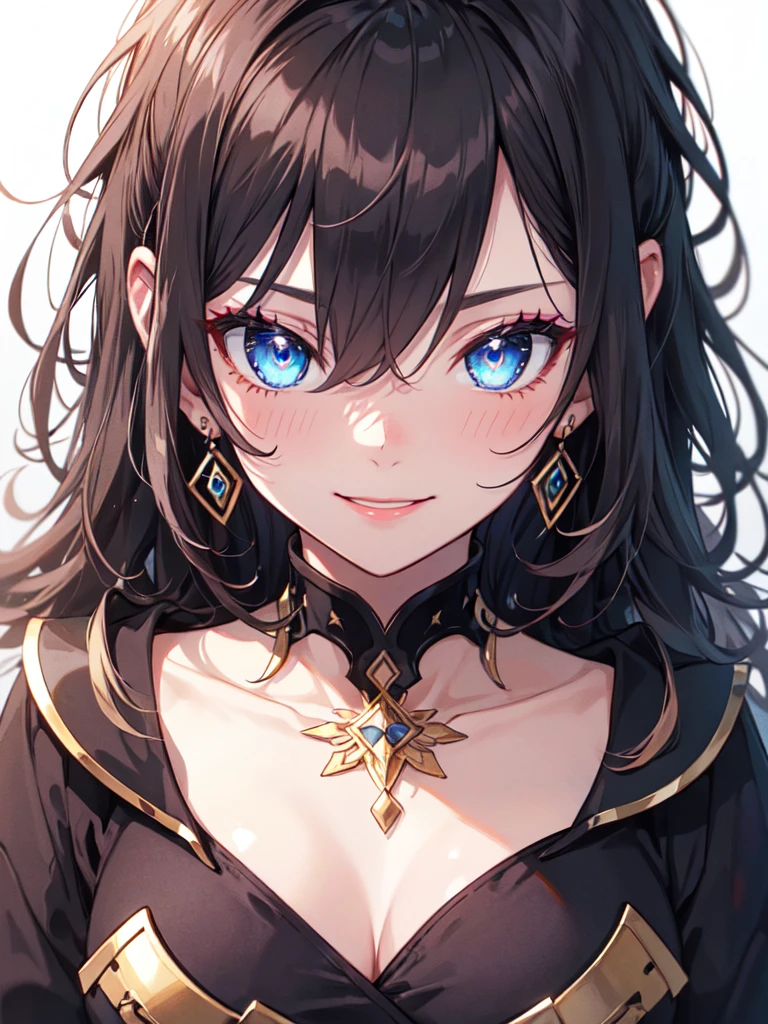 blue eyes, black hair, curly hair, bangs, long hair, wavy hair, shiny hair, jewelry, wide eyes, long-eye-lashes, earrings, makeup, smile, blush, ear blush, bright pupils, seductive smile, glint, red lips, high detail, anime, anime style, depth of field, cinematic lighting, ray tracing, reflection light, cropped, wide shot, masterpiece, accurate, anatomically correct, super detail, high details, high quality, best quality, highres, 4K