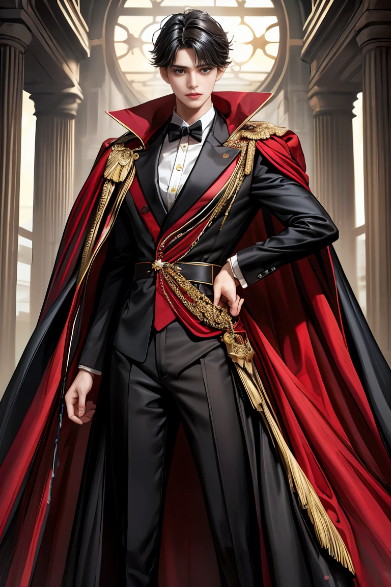 
masterpiece, 最high quality, high quality, 1 boy, alone, Male focus, Watching the audience,  Messy black hair, Adorable big blue eyes, White people, Noble, Noble,Sexy voluminous black and red cape、Tuxedo、A very voluminous, large, very large, very large, long, long red and black cape with a high stand-up collar, reaching down to the floor, made of a lot of fabric., 17 years old,Cute beautiful boys,Cute, cute, kind, handsome guy