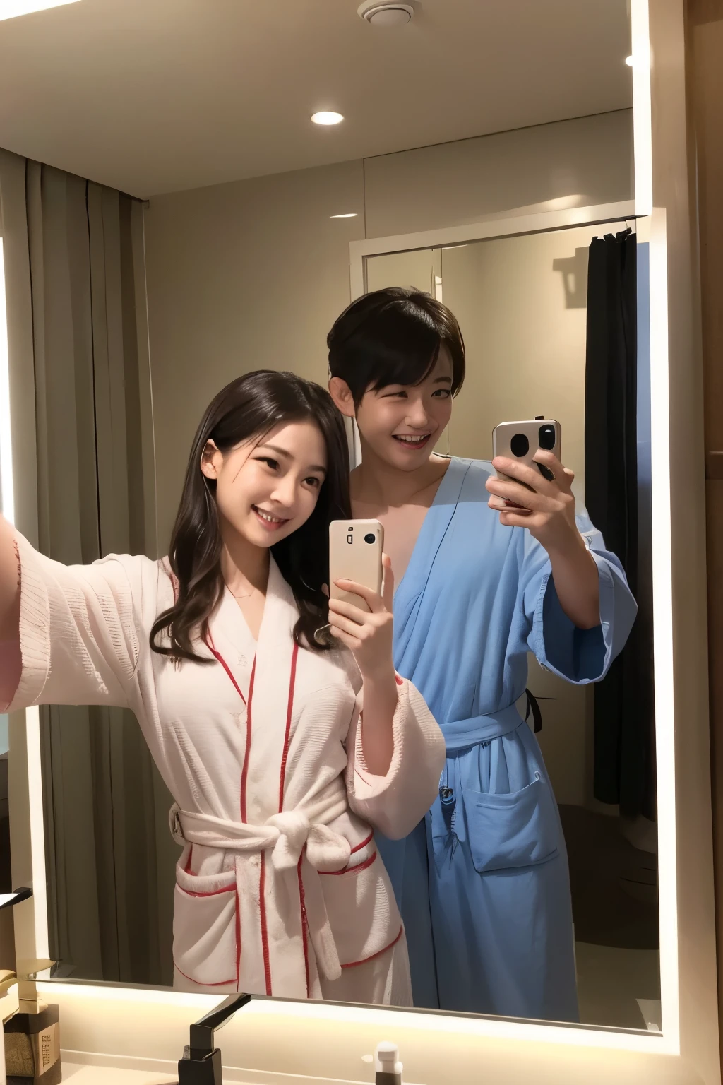Young woman taking a selfie in the mirror、Couple、high resolution、white、whiteいバスローブ、young woman、40-year-old male、Hotel、ラブHotel、Stripping area、Mirror in the dressing room、live-action、young womanがスマホで自撮り、Laughing Man、whiteいバスローブ、