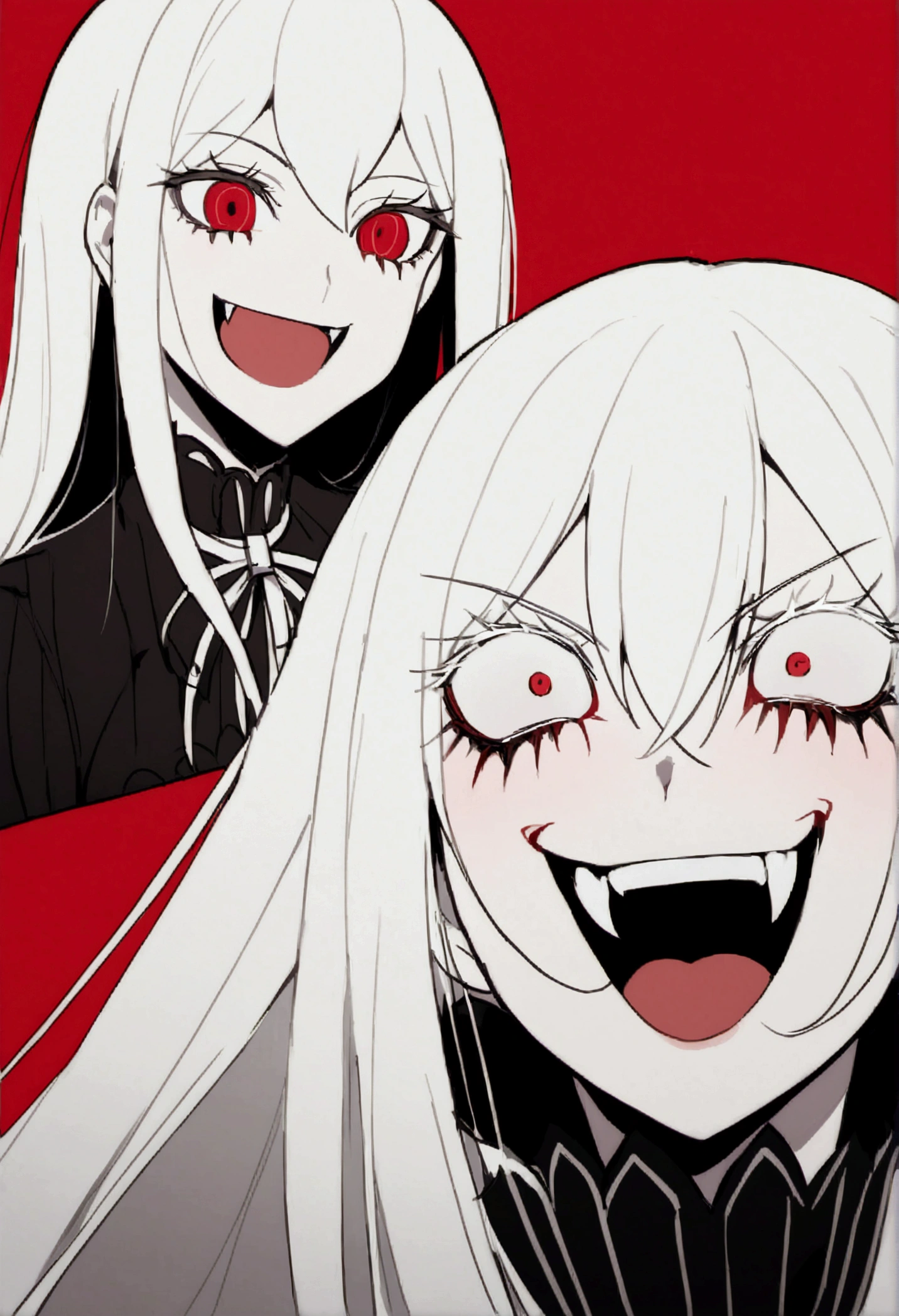 Evil woman, psycho laugh, loca, White hair, thick white eyelashes, fangs, demonic, echidna re:zero, crazy laugh, pure evil, black clothes, red tones, big breasts,a close-up of a person with a red background and a black and white drawing of a woman with long hair, Akane Owari Danganronpa, with red haze and a massive SMILE, SMILEning lasciviously, [[[[SMILEning evily]]]], evil SMILE, Gapmoe Yandere Grimdark, SMILE, SMILE asesina