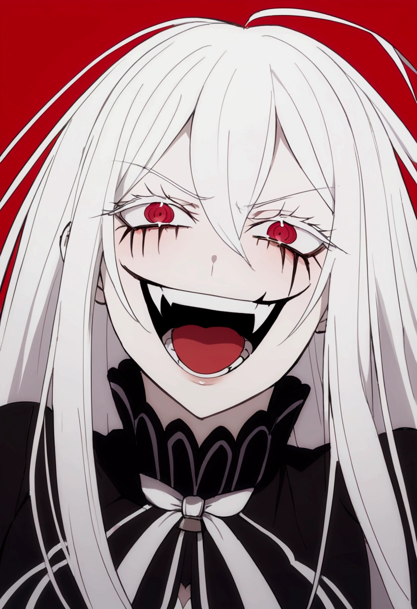 Evil woman, psycho laugh, loca, White hair, thick white eyelashes, fangs, demonic, echidna re:zero, crazy laugh, pure evil, black clothes, red tones, big breasts,a close-up of a person with a red background and a black and white drawing of a woman with long hair, Akane Owari Danganronpa, with red haze and a massive SMILE, SMILEning lasciviously, [[[[SMILEning evily]]]], evil SMILE, Gapmoe Yandere Grimdark, SMILE, SMILE asesina