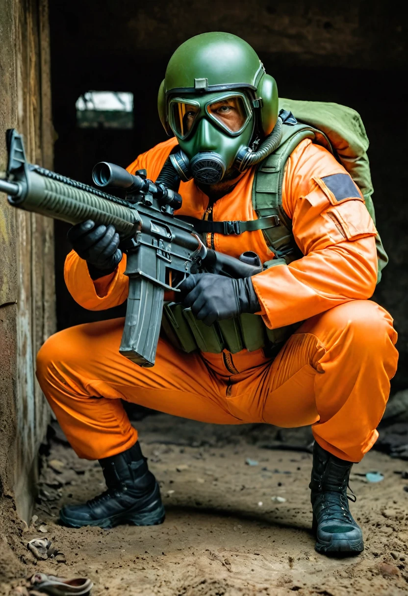 (a dark-skinned bearded chubby old man in orange zipper pilot suit), wearing rescue gear, wearing green army pilot helmet and gas mask, crouching, shooting with sniper rifle, imposing physique, muscular, toned muscles, Basuki Abdullah, sumatraism, action, a character portrait, heroic, , angry, intense