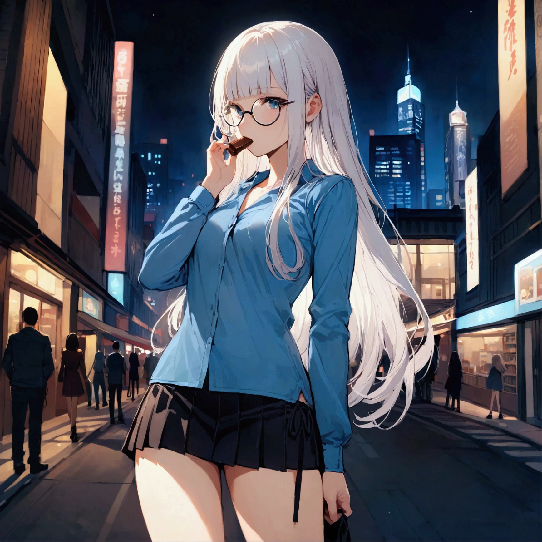 Woman with long hair, Untied white hair, With bangs, She has a black ribbon in her hair, Black round glasses with a candy bar in his mouth, Blue Shirt, Short skirt, She turned away, Her face was half turned, In the middle of the city at night.